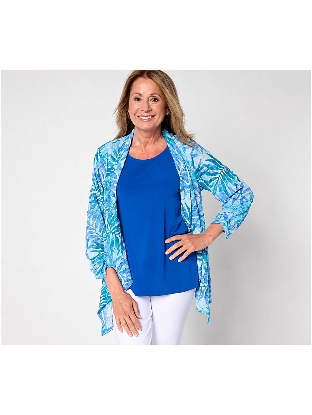 Susan Graver Regular Textured Woven Cardigan & Knit Tank Set Batik Leaf, Medium